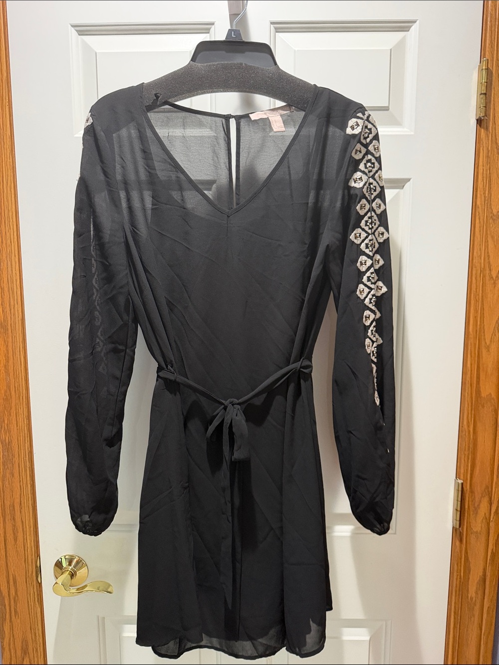 Women’s Black Long-Sleeve Tie-Waist Dress with Embroidered Sleeves